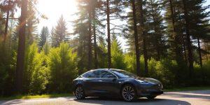 Tesla latautumassa metsäpolun vieressä luonnonkauniissa ympäristössä.