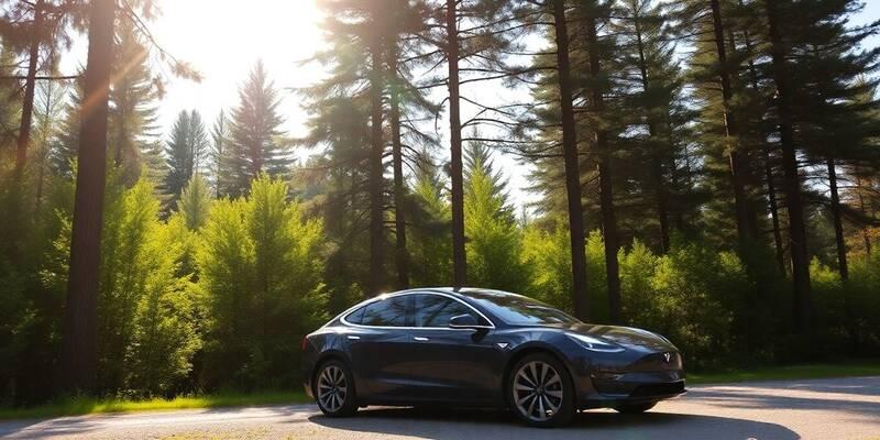 Tesla latautumassa metsäpolun vieressä luonnonkauniissa ympäristössä.